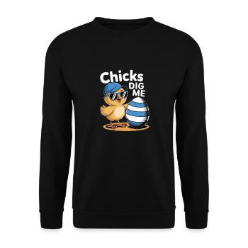 Funny Chick With Hat And Egg - Chicks Dig Me - Unisex Sweatshirt - black - Front - Alina (178cm) & Michal (187cm)
