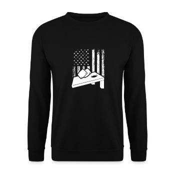 Cornhole Spieler USA Flagge Design - Unisex Pullover - Schwarz - Vorne - Alina (178cm) & Michal (187cm)
