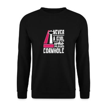 Unterschätze Nie Ein Mädchen Cornhole Spieler - Unisex Pullover - Schwarz - Vorne - Alina (178cm) & Michal (187cm)