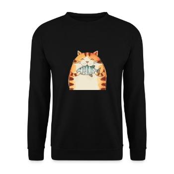 Fröhliche Katze Mit Fisch Umarmung - Unisex Pullover - Schwarz - Vorne - Alina (178cm) & Michal (187cm)