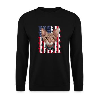 USA Sphynx Cat in Front of Flag - Unisex Sweatshirt - black - Front - Alina (178cm) & Michal (187cm)