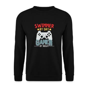 Schwimmer Gamer lustiges Schwimm Design - Unisex Pullover - Schwarz - Vorne - Alina (178cm) & Michal (187cm)