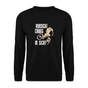 Mountainbiker VORSICHT CHAOS IN SICHT Lustiges - Unisex Pullover - Schwarz - Vorne - Alina (178cm) & Michal (187cm)