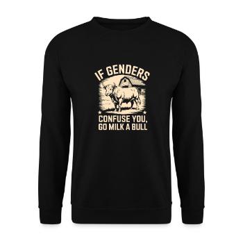 Wenn Geschlechter Verwirren, Melke Einen Stier - Unisex Pullover - Schwarz - Vorne - Alina (178cm) & Michal (187cm)