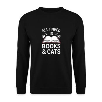 Bücher und Katzen Motiv Leseratte - Unisex Pullover - Schwarz - Vorne - Alina (178cm) & Michal (187cm)