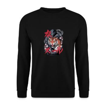Tiger with cherry blossoms and Japanese - Unisex Sweatshirt - black - Front - Alina (178cm) & Michal (187cm)