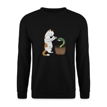 Katze spielt Flöte und hynotisiert Schlange - Unisex Pullover - Schwarz - Vorne - Alina (178cm) & Michal (187cm)