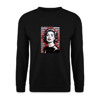 Stylisches Retro-Porträt mit Streifenmuster - Unisex Pullover - Schwarz - Vorne - Alina (178cm) & Michal (187cm)