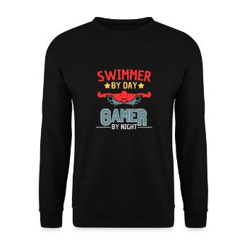 Lustiges Schwimmer und Gamer Motiv - Unisex Pullover - Schwarz - Vorne - Alina (178cm) & Michal (187cm)