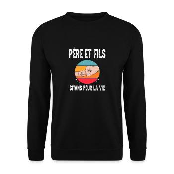 père et fils papa gitan vintage fête des pères - Sweat-shirt Unisexe - noir - Devant - Alina (178cm) & Michal (187cm)