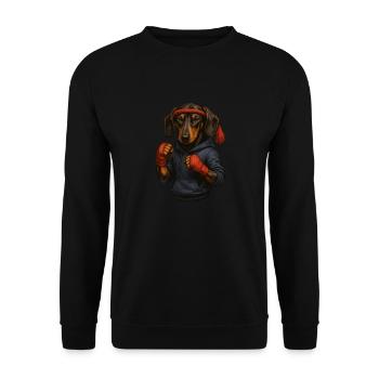 Thaiboxer-Dackel im Hoodie mit Coolness - Unisex Pullover - Schwarz - Vorne - Alina (178cm) & Michal (187cm)