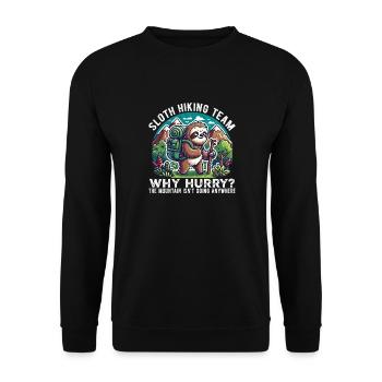 Faultier Wanderteam – Warum sich beeilen - Unisex Pullover - Schwarz - Vorne - Alina (178cm) & Michal (187cm)