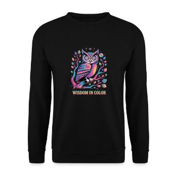 Lebendige Eulenweisheit in der Farbgestaltung - Unisex Pullover - Schwarz - Vorne - Alina (178cm) & Michal (187cm)