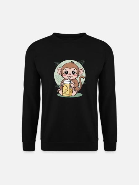 Cartoon Monkey Drinking Banana Milk Cute Animal - Unisex Sweatshirt - black
