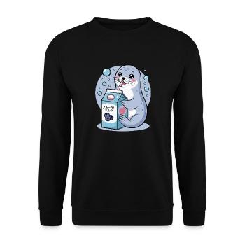 Kawaii phoque buvant du lait de myrtille animal mignon - Sweat-shirt Unisexe - noir - Devant - Alina (178cm) & Michal (187cm)