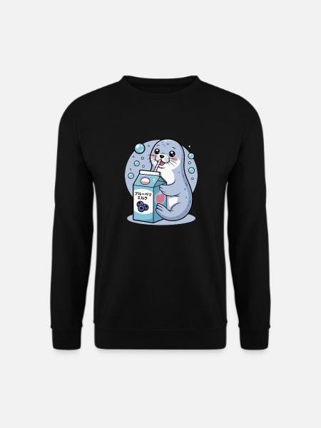 Kawaii Robbe Trinken Blaubeere Milch Niedliches Tier - Unisex Pullover - Schwarz