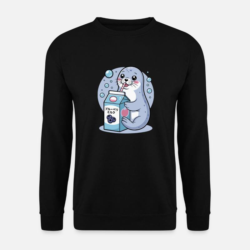 Kawaii Robbe Trinken Blaubeere Milch Niedliches Tier - Unisex Pullover - Schwarz