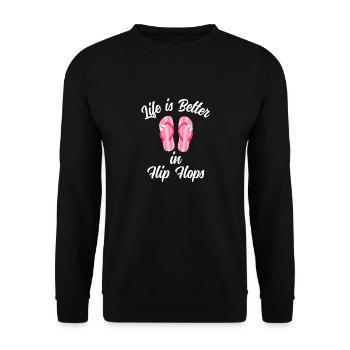 Das Leben Ist Besser in Flip Flops Spruch - Unisex Pullover - Schwarz - Vorne - Alina (178cm) & Michal (187cm)
