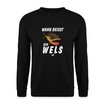 WANN BEISST DER WELS AN - Unisex Pullover - Schwarz - Vorne - Alina (178cm) & Michal (187cm)