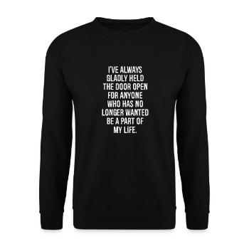 Ich habe immer gerne jedem die Tür offen gehalten - Unisex Pullover - Schwarz - Vorne - Alina (178cm) & Michal (187cm)