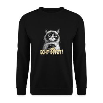 Lustige Katze mit Kaffee und Spruch; Echt jetzt? - Unisex Pullover - Schwarz - Vorne - Alina (178cm) & Michal (187cm)
