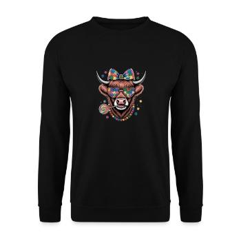 Farbenfrohes Puzzle Kuh-Motiv mit Herzbrille und - Unisex Pullover - Schwarz - Vorne - Alina (178cm) & Michal (187cm)