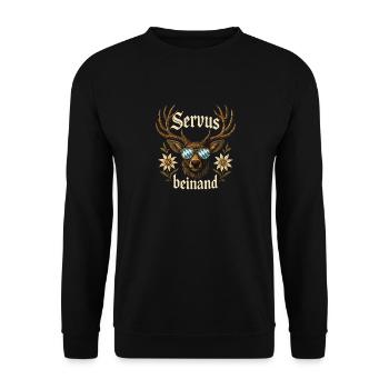 Servus beinand Lederhosn Tracht Bayern Volksfest - Unisex Pullover - Schwarz - Vorne - Alina (178cm) & Michal (187cm)