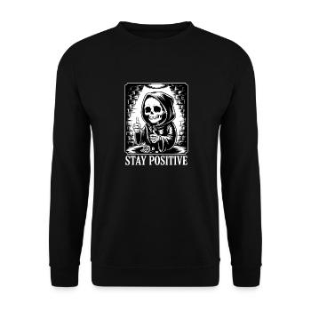 Stay Positive – Grim Reaper Skeleton Design Humor - Unisex Sweatshirt - black - Front - Alina (178cm) & Michal (187cm)