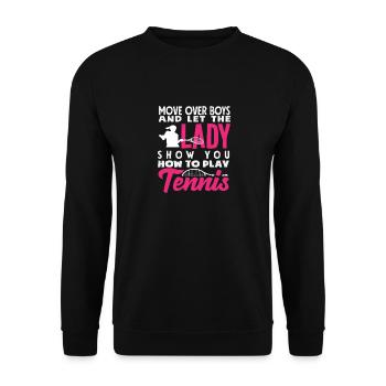 Tennis Spieler Lass Die Dame Zeigen - Unisex Pullover - Schwarz - Vorne - Alina (178cm) & Michal (187cm)