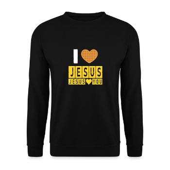 Ich Liebe Waffeln und Jesus Lustiger Glaube Spruch - Unisex Pullover - Schwarz - Vorne - Alina (178cm) & Michal (187cm)