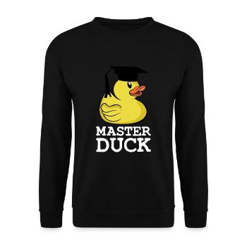 Master Duck Student Masterabschluss Spruch - Unisex Pullover - Schwarz - Vorne - Alina (178cm) & Michal (187cm)