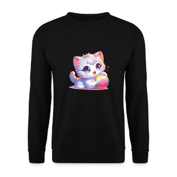 Anime Babykatze die mit einem Ball spielt - Unisex Pullover - Schwarz - Vorne - Alina (178cm) & Michal (187cm)