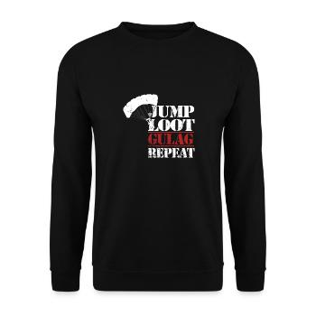 jump loot gulag repeat Warzone Gamer Nerd Geschenk - Unisex Pullover - Schwarz - Vorne - Alina (178cm) & Michal (187cm)