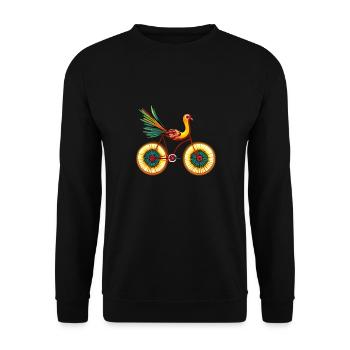 Magisches Leben mit Vogel auf einem Fahrrad, inspiriert die Kunst - Unisex Pullover - Schwarz - Vorne - Alina (178cm) & Michal (187cm)
