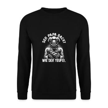 Papa backt wie der Teufel - lustiges Backmotiv - Unisex Pullover - Schwarz - Vorne - Alina (178cm) & Michal (187cm)