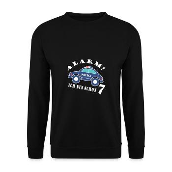 Alarm ich bin schon 7 Polizei - Unisex Pullover - Schwarz - Vorne - Alina (178cm) & Michal (187cm)