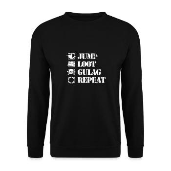 jump loot gulag repeat Warzone Gamer Nerd Geschenk - Unisex Pullover - Schwarz - Vorne - Alina (178cm) & Michal (187cm)