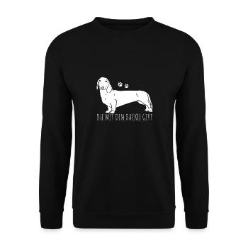Die mit dem Dackel geht - Dackel Mama Muttertag Da - Unisex Pullover - Schwarz - Vorne - Alina (178cm) & Michal (187cm)
