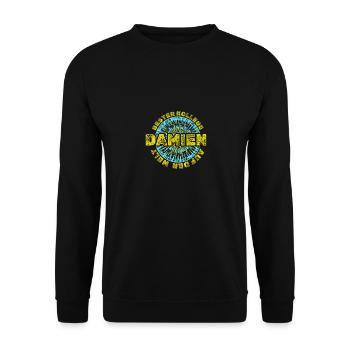 Geschenkidee Geschenk Vorname Damien - Unisex Pullover - Schwarz - Vorne - Alina (178cm) & Michal (187cm)