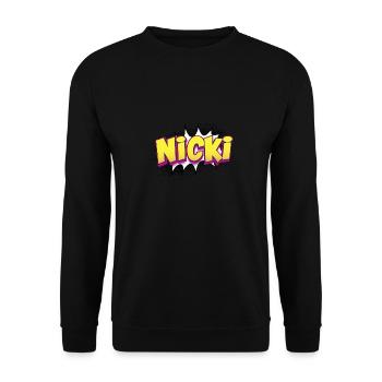 Nicki Benutzerdefinierter Name Comic-Buch-Stil Pop-Art, Nicki - Unisex Pullover - Schwarz - Vorne - Alina (178cm) & Michal (187cm)
