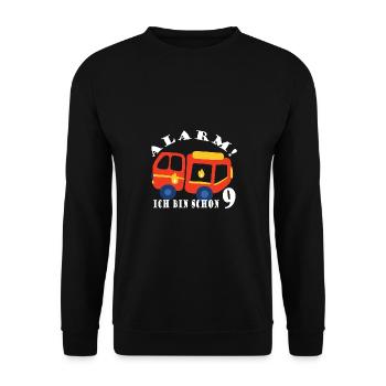 Alarm ich bin schon 9 Feuerwehr - Unisex Pullover - Schwarz - Vorne - Alina (178cm) & Michal (187cm)