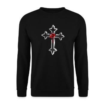 schwarz silberfarbenes Gothic Kreuz mit roter Rose - Unisex Pullover - Schwarz - Vorne - Alina (178cm) & Michal (187cm)