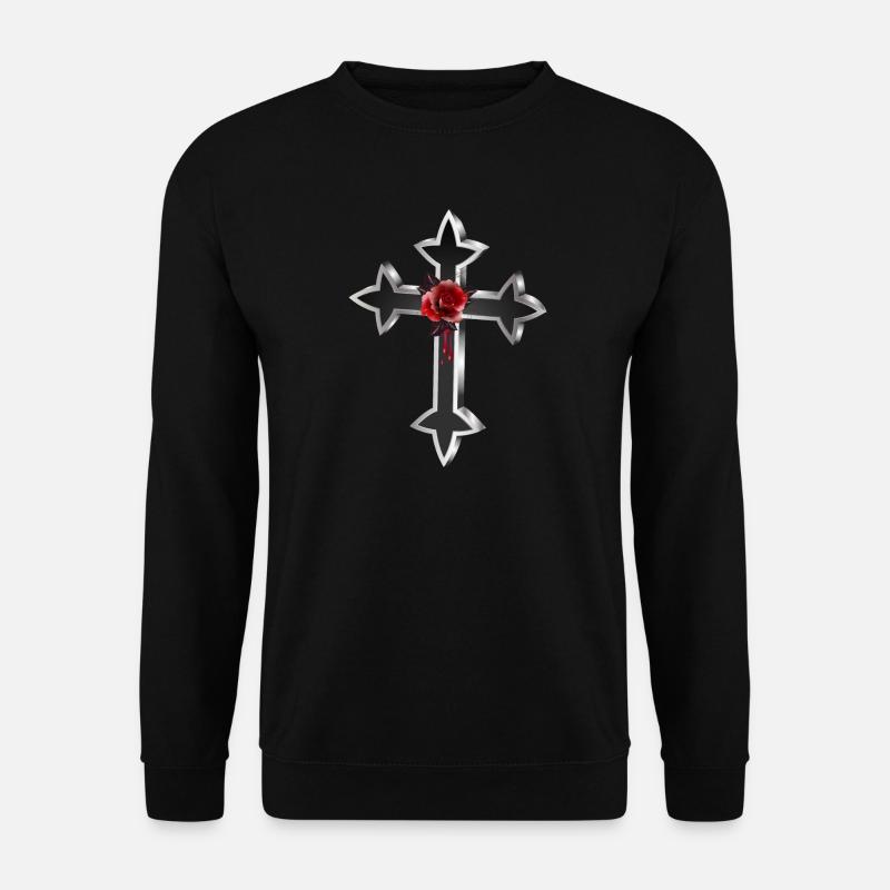 schwarz silberfarbenes Gothic Kreuz mit roter Rose - Unisex Pullover - Schwarz