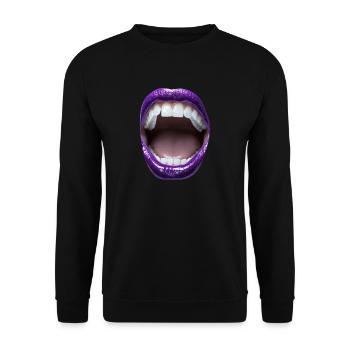 Offener Mund mit Lila Lippenstift - Unisex Pullover - Schwarz - Vorne - Alina (178cm) & Michal (187cm)