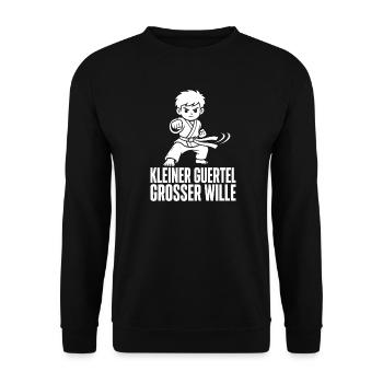 tKleiner Gürtel Großer Wille – Karate Kind - Unisex Pullover - Schwarz - Vorne - Alina (178cm) & Michal (187cm)