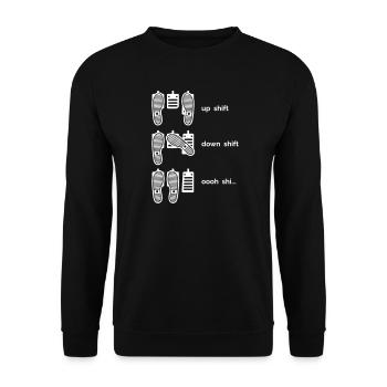 Schaltgetriebe: Hochschalten, Runterschalten, Oooh Shi.. - Unisex Pullover - Schwarz - Vorne - Alina (178cm) & Michal (187cm)