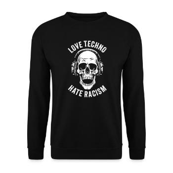 LOVE TECHNO HATE RACISM - Unisex Pullover - Schwarz - Vorne - Alina (178cm) & Michal (187cm)