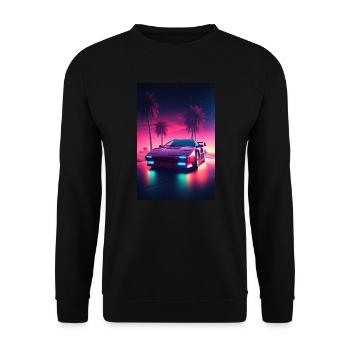 Eine Synthwave Fahrt in die Zukunft im Outrun Stil - Unisex Pullover - Schwarz - Vorne - Alina (178cm) & Michal (187cm)