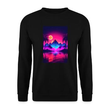 Sunset Serenity: Synthwave-Träume an der Küste - Unisex Pullover - Schwarz - Vorne - Alina (178cm) & Michal (187cm)