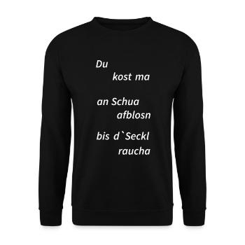 lusiger bayrischer Spruch, Schuh aufblasen - Unisex Pullover - Schwarz - Vorne - Alina (178cm) & Michal (187cm)